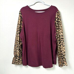 Belle Kim Gravel TripleLuxe Knit Top Womens 2X Burgundy Leopard Chiffon Sleeves